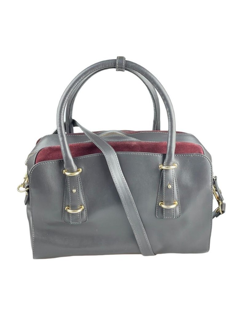 Alberta Di Canio Genuine Leather Gray & Burgundy Satchel With Gold Hardware And